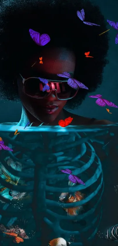 Surreal wallpaper with afro silhouette and colorful butterflies.