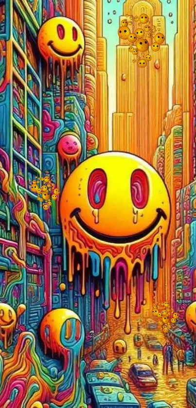 Surreal cityscape with colorful, dripping smiley faces in a whimsical design.