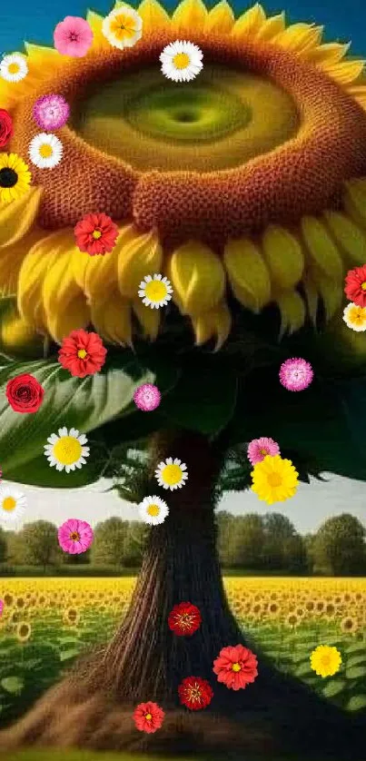 Surreal sunflower art with green eye center and vibrant colors in a field.