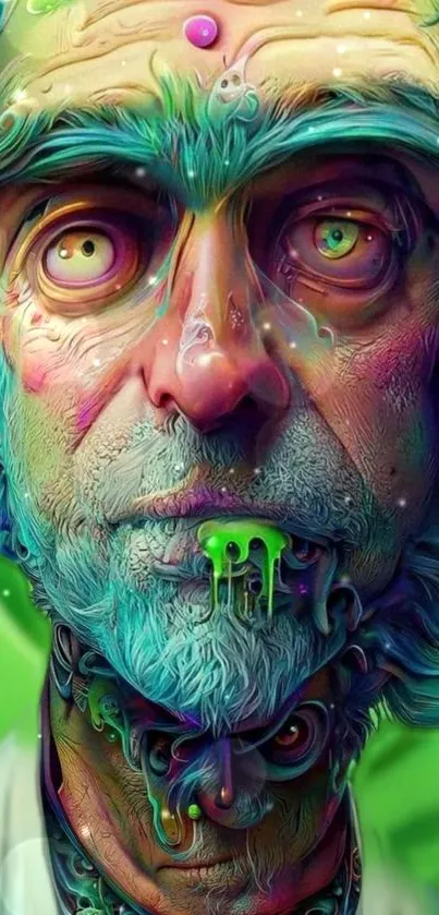 Colorful surrealism portrait in green and blue hues with psychedelic elements.