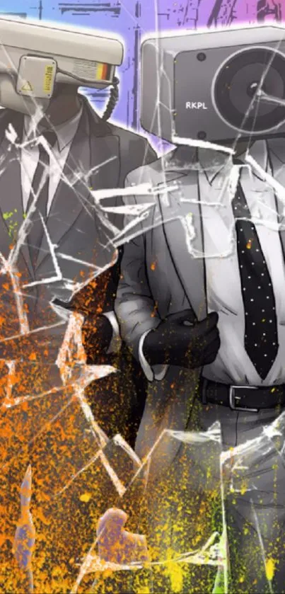 Colorful surveillance art wallpaper with suits and shattered glass.