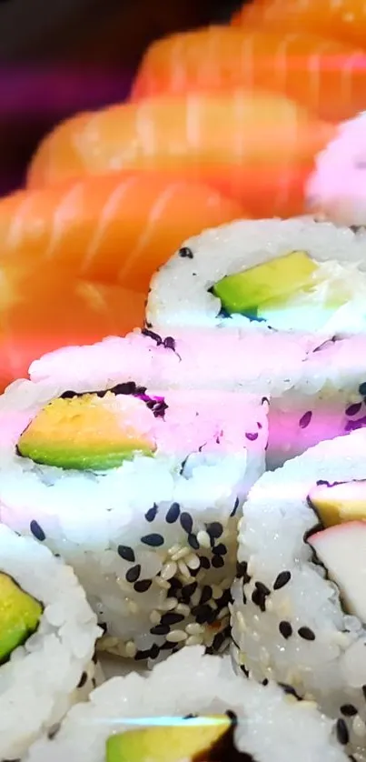 Colorful sushi rolls wallpaper with vibrant ingredients.