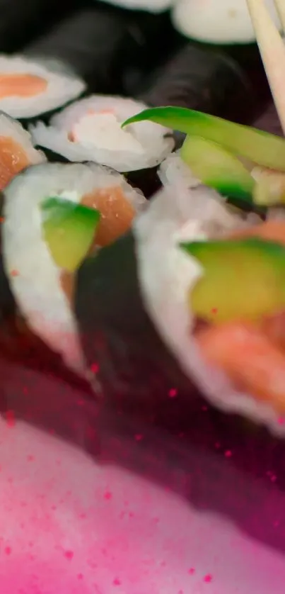 Close-up of vibrant sushi rolls with salmon and avocado