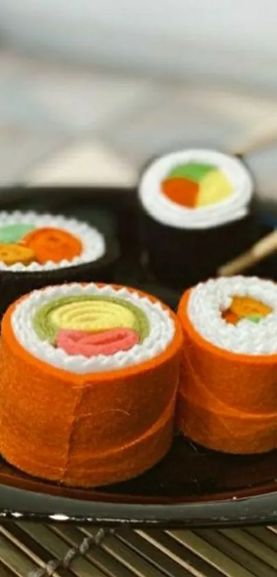 Vibrant sushi roll wallpaper with colorful and artistic design.