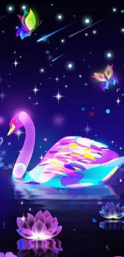 Neon swan and butterflies in a fantasy night scene.