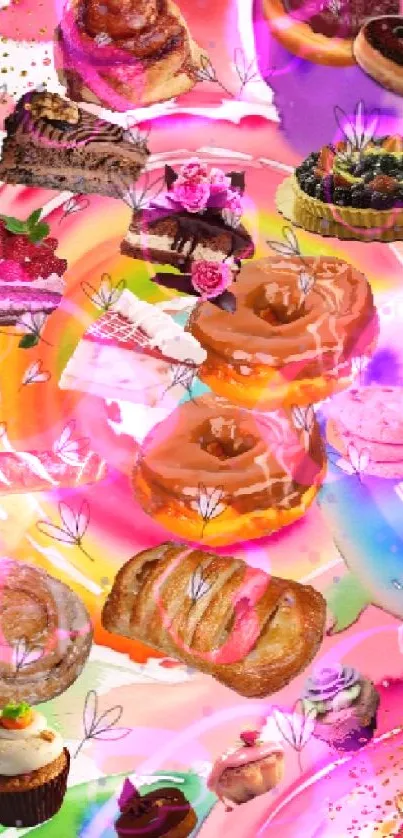 Colorful collage of desserts with donuts, cakes, and pastries on a vibrant watercolor background.