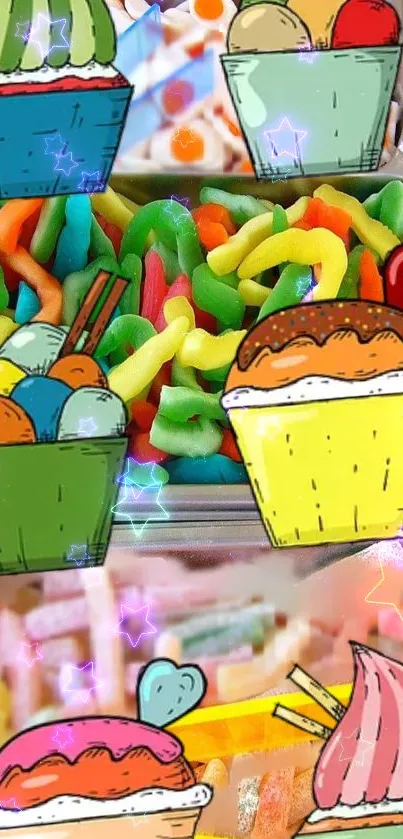 Colorful candy and cupcakes wallpaper with vibrant doodles.