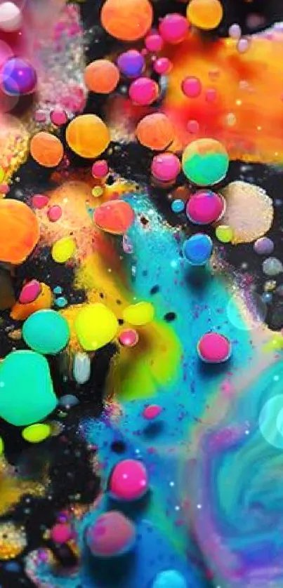 Vibrant abstract wallpaper with colorful swirling bubbles and cosmic backdrop.