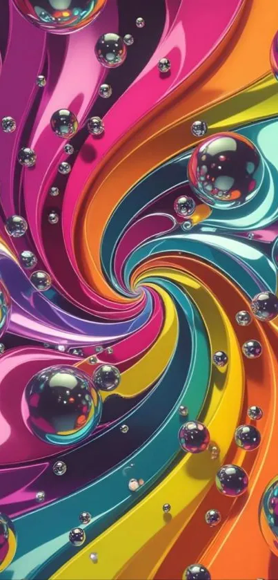 Colorful abstract swirl with glossy bubbles.