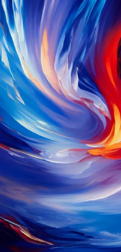 Vibrant abstract swirl with blue, red, and orange hues on phone wallpaper.