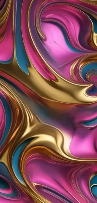 Vibrant swirl art with pink, gold, and blue tones.