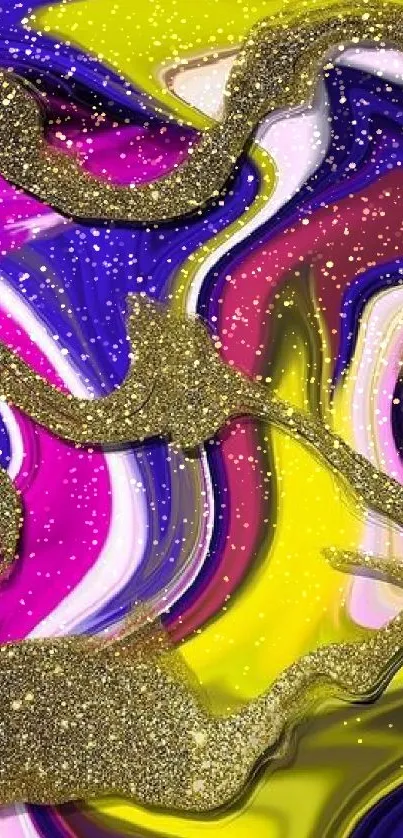 Colorful abstract swirl with gold glitter on a vibrant background.