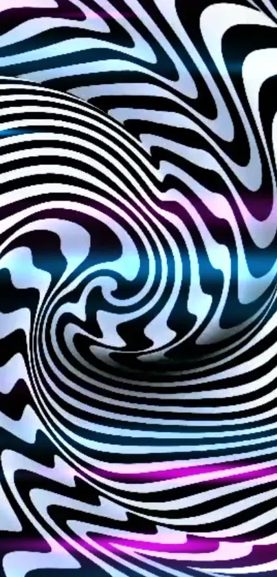 Vibrant swirl pattern with black and white stripes and colorful highlights.