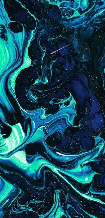 Teal and navy swirling abstract art wallpaper.