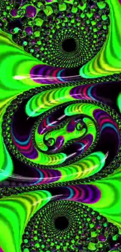 Neon green and purple abstract swirling pattern wallpaper.