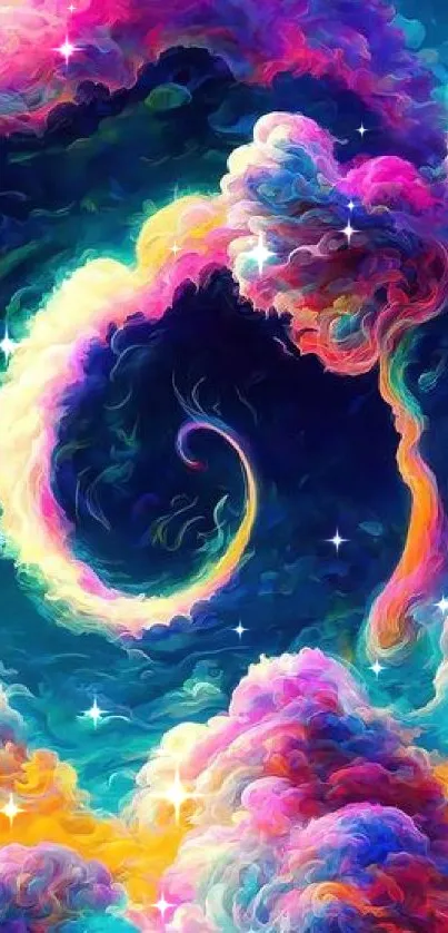 Vibrant and colorful swirling cloud art design.