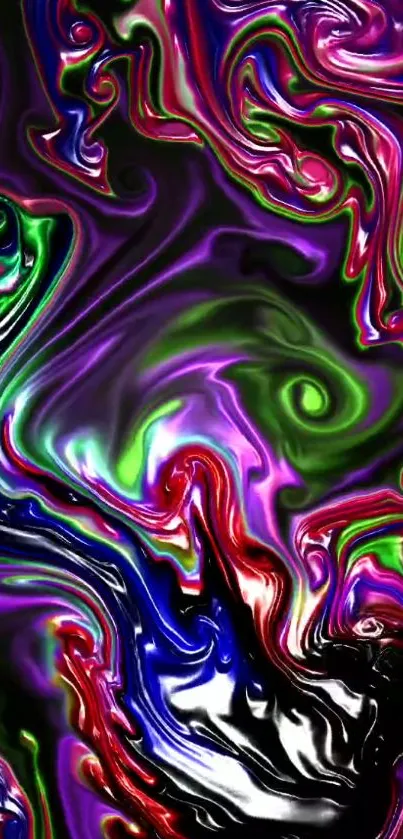 Vibrant abstract mobile wallpaper with swirls of purple, red, and green hues.