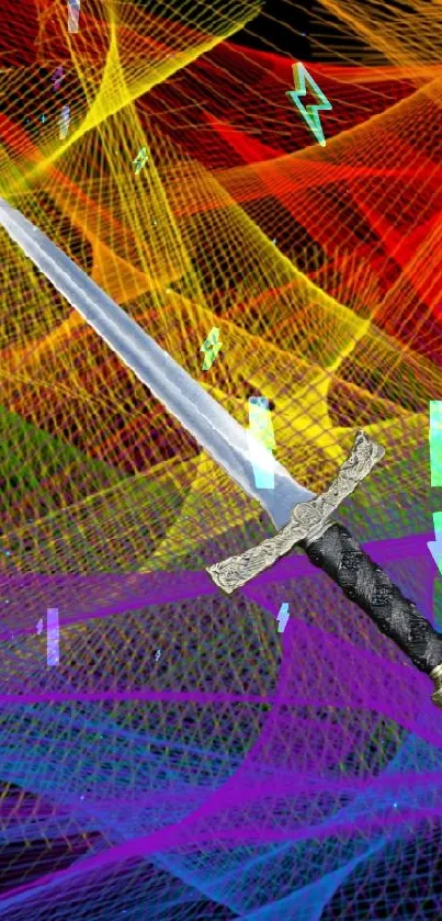 Sword amidst vibrant colorful abstract waves on black background.