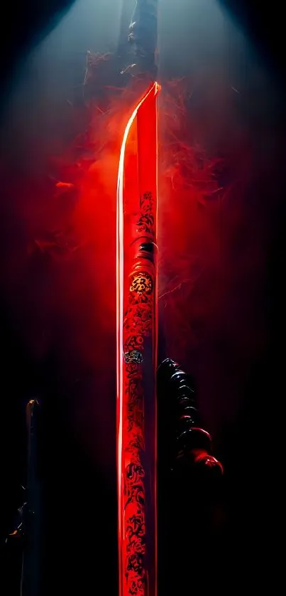 Sword glowing in a vibrant red light with a dark background.