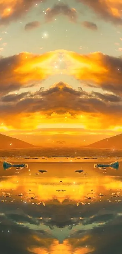 Symmetrical sunset reflection with vibrant orange and blue hues.