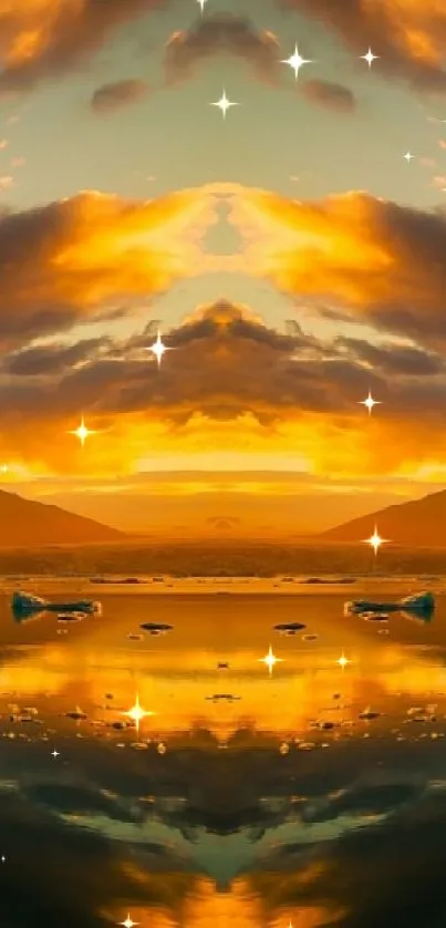 Colorful symmetrical sunset reflected over a tranquil lake.