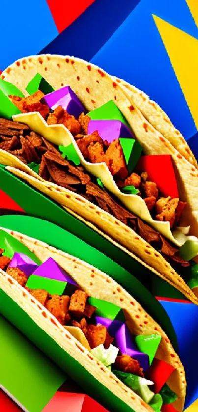 Colorful taco art with geometric shapes in a vibrant design.