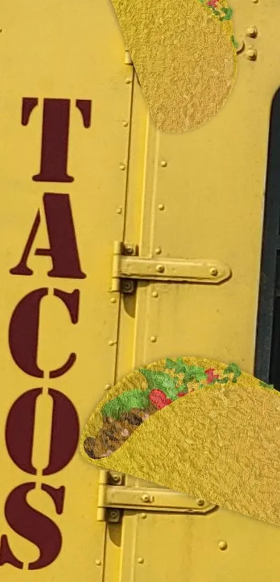 Taco truck with bold yellow background and colorful tacos.