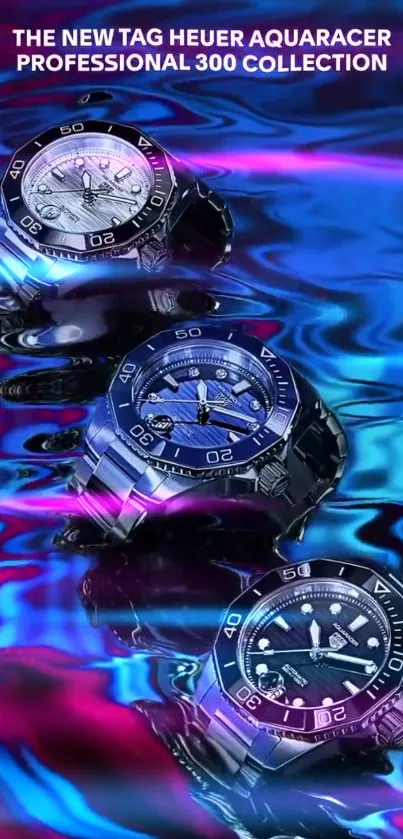 Vibrant blue and pink TAG Heuer watches with water reflection.