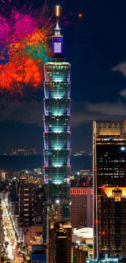 Taipei 101 illuminated by fireworks at night.