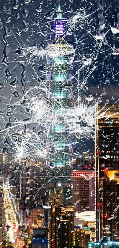 Taipei cityscape at night with illuminated skyscraper.