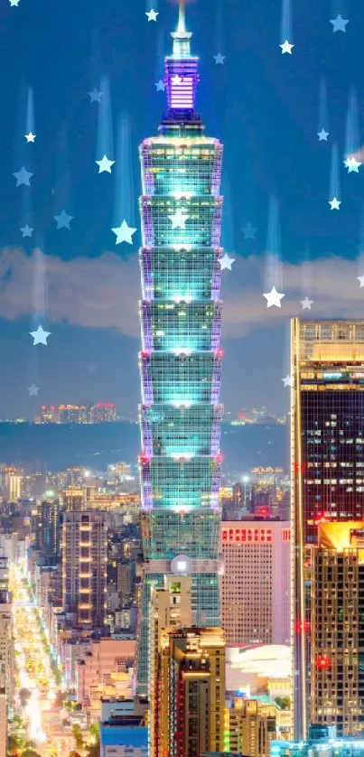 Night view of Taipei 101 towering over city lights.