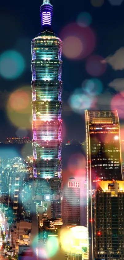 Taipei 101 illuminated against a night skyline with colorful bokeh lights.