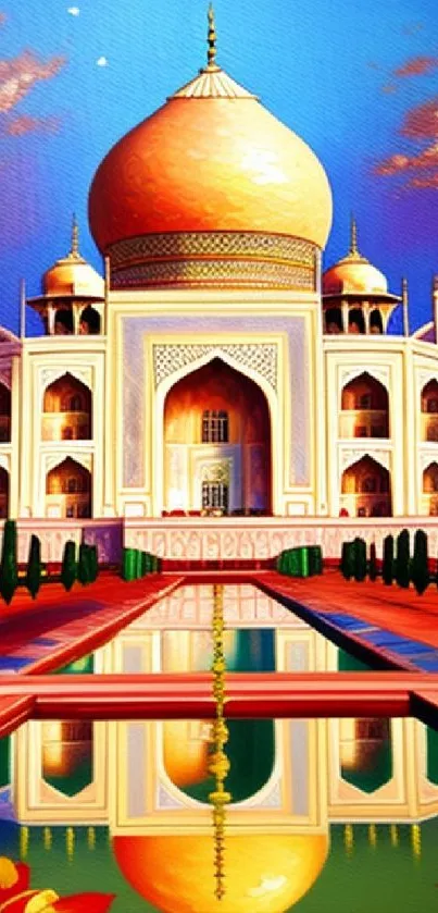 Vibrant illustration of the Taj Mahal with rich colors and reflection.