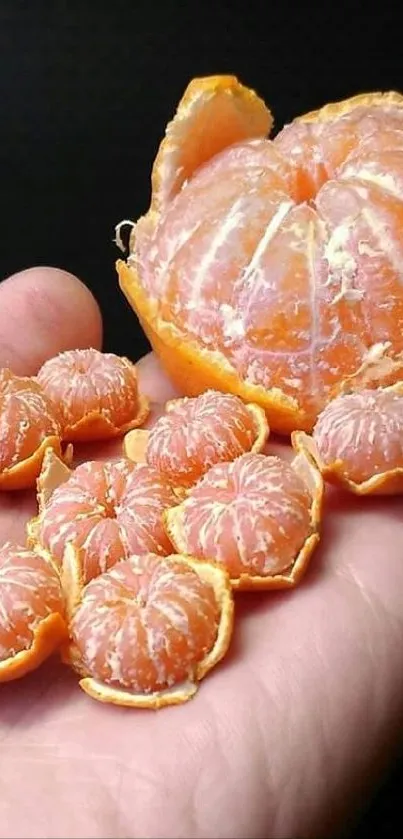 Hand holding peeled tangerine with small segments.