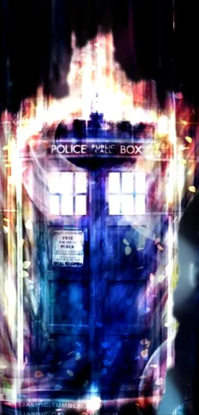 Vibrant TARDIS design with neon hues on black background.