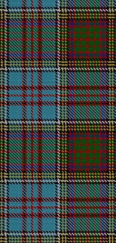 Vibrant tartan pattern wallpaper in blue, red, and green hues.