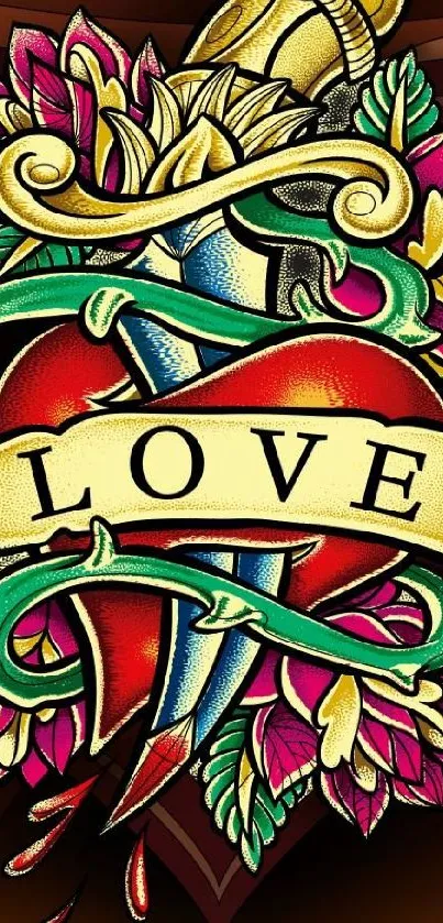 Vibrant tattoo art love with heart and floral design.