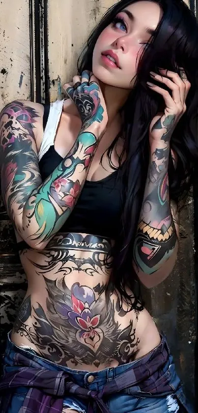 Anime-inspired tattooed character wallpaper.