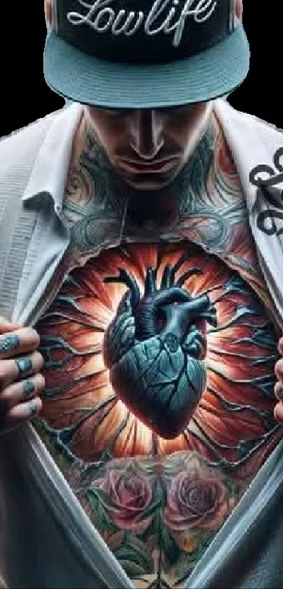 Man with vibrant heart tattoo on chest.