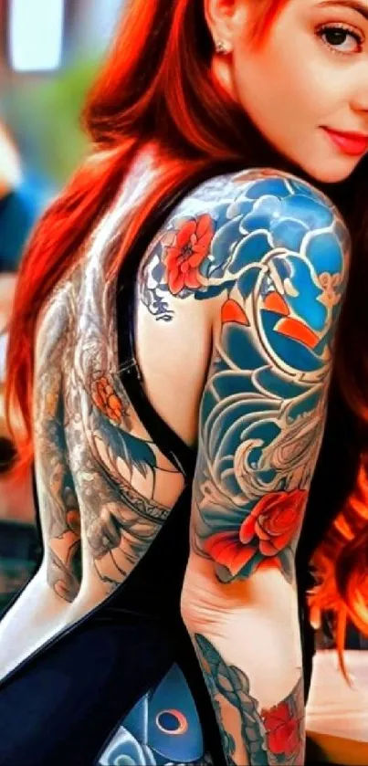 Woman with vibrant tattoos on her back.