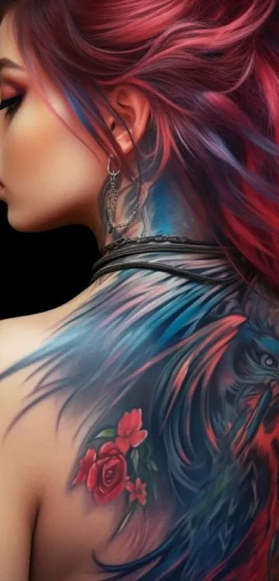 Vibrant tattoo art featuring floral and phoenix designs on a woman's back.