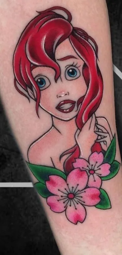 Tattoo art wallpaper with red-haired character and pink blossoms.