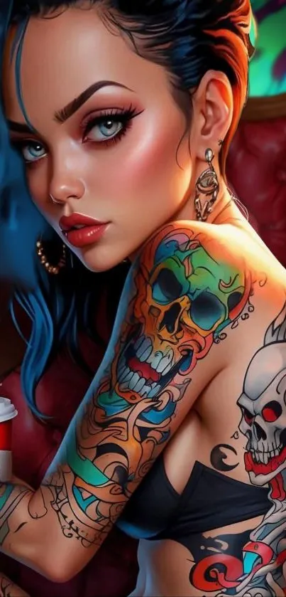 Vibrant tattoo art wallpaper with a stylized figure.