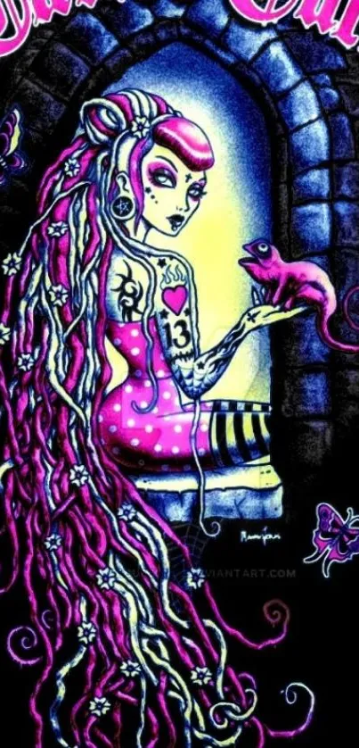 Colorful tattoo girl holding a mouse in artistic style on a phone wallpaper.