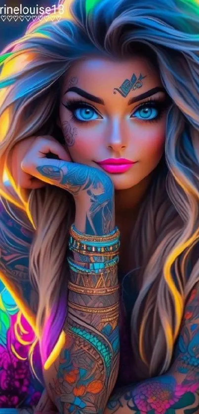 Vibrant, colorful tattooed woman digital art wallpaper.