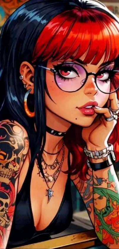 Anime girl with red hair and tattoos in a colorful artwork style.