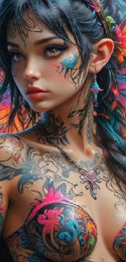 Vibrant tattooed fantasy art with colorful design.