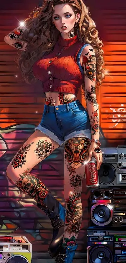 Tattooed character with boombox and graffiti wall.