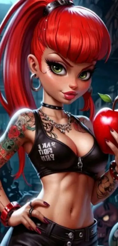 Edgy cartoon redhead with tattoos holding an apple in urban setting.