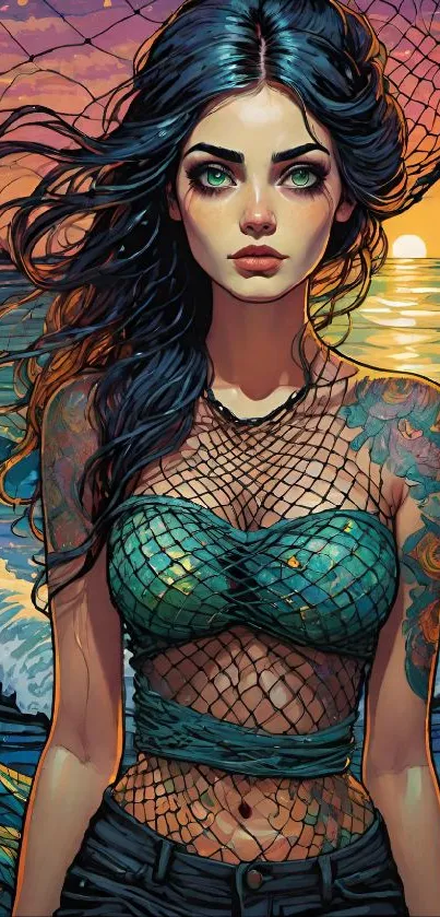 Tattooed mermaid in ocean sunset with netted outfit and sea waves.